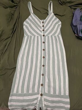 Universal Thread Sage and White Striped Button-Front Midi Dress